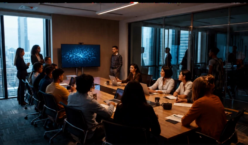 Reunião em uma sala de atendimento com a identidade V8 Motors